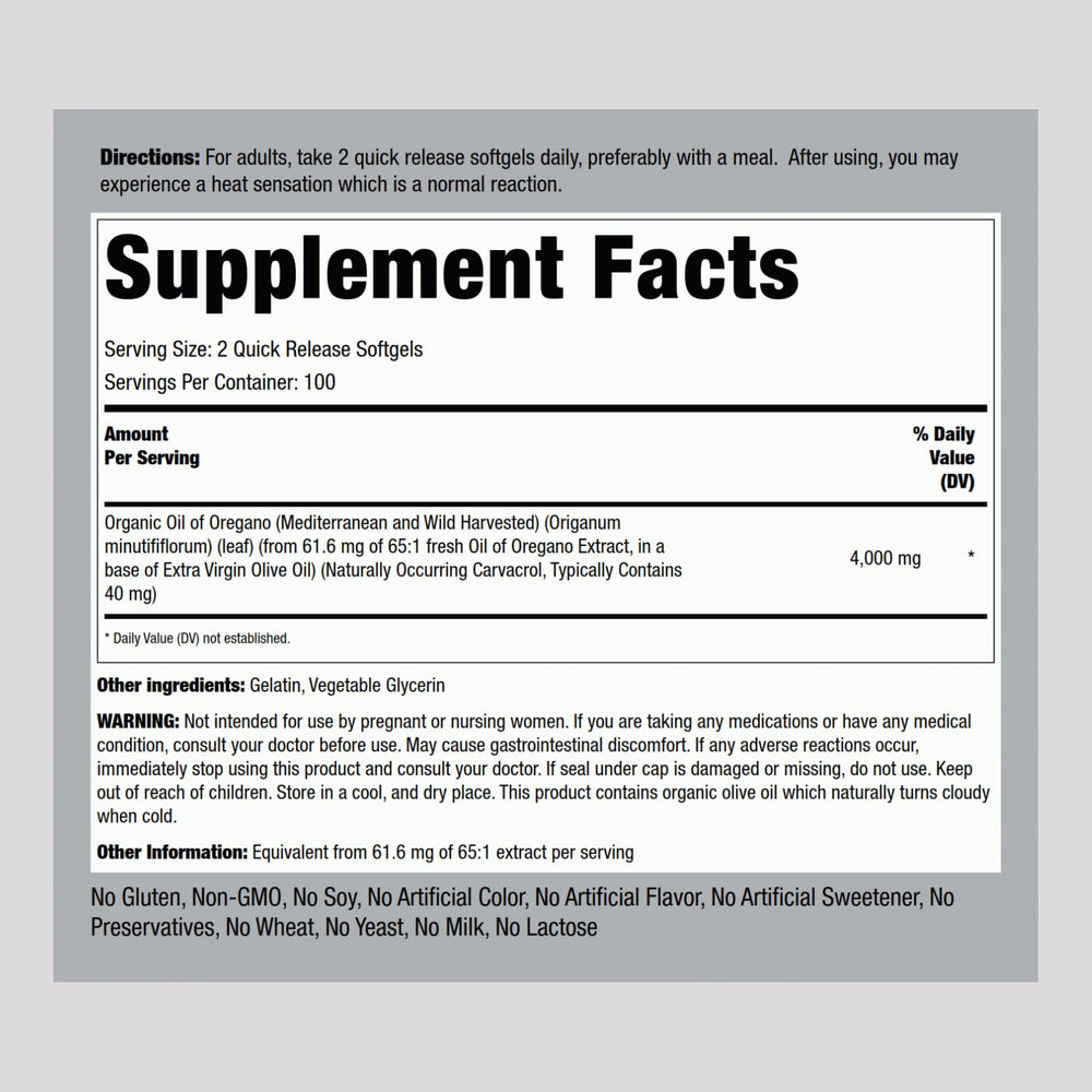 Close-up of oregano oil softgels showing 4000 mg per serving