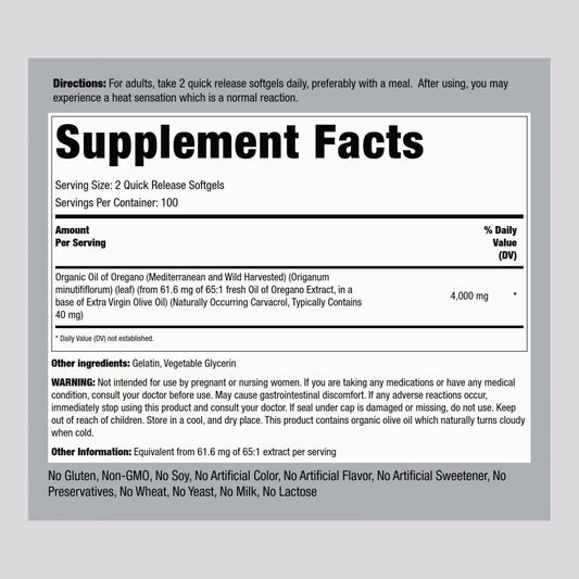 Close-up of oregano oil softgels showing 4000 mg per serving