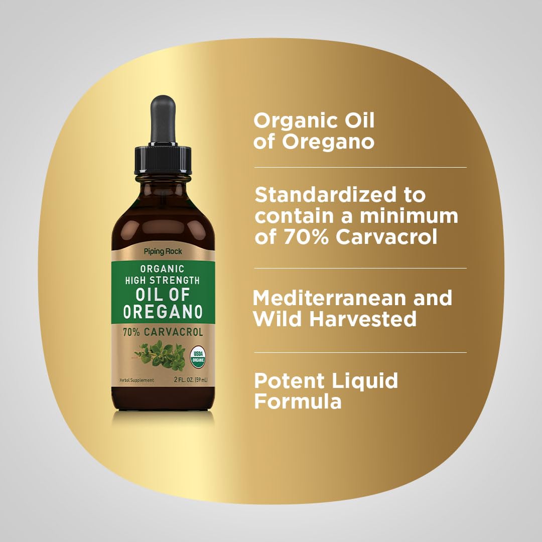 Piping Rock oregano oil pouring drop to show texture and measured use