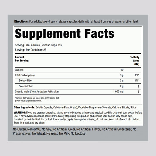 Close-up of Piping Rock Inulin Capsules label