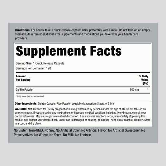 Piping Rock Ox Bile supplement bottle label