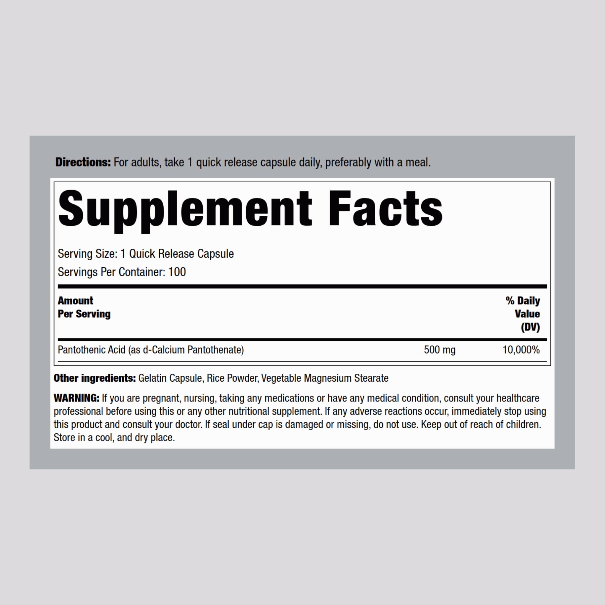 Close-up of Pantothenic Acid 500mg bottle with label