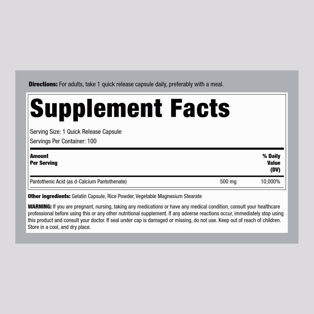 Close-up of Pantothenic Acid 500mg bottle with label