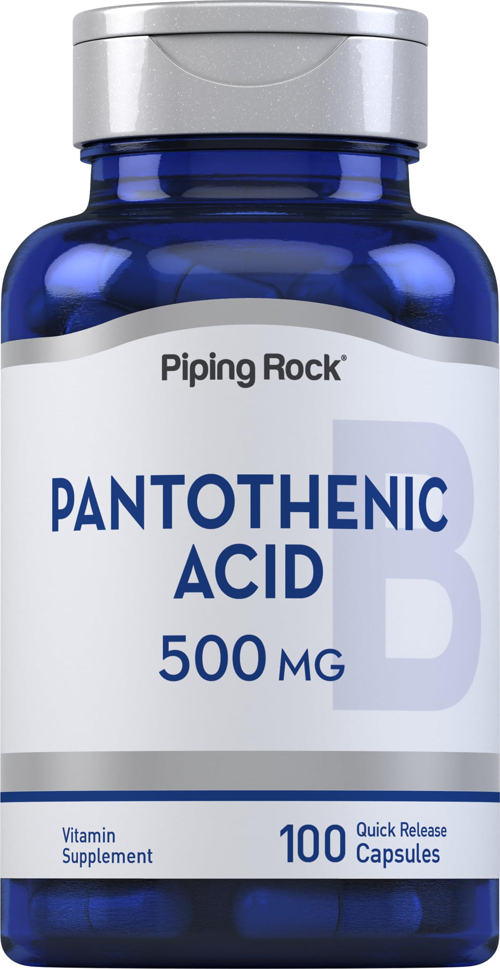 Front view of Piping Rock Pantothenic Acid 500mg bottle – 100 capsules