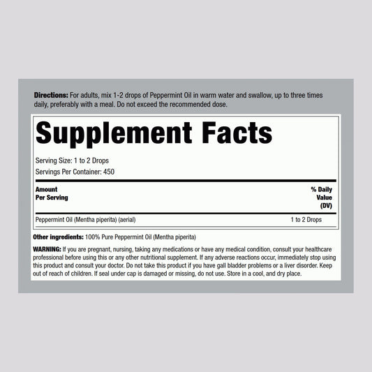 Close-up of Peppermint Oil drops bottle label