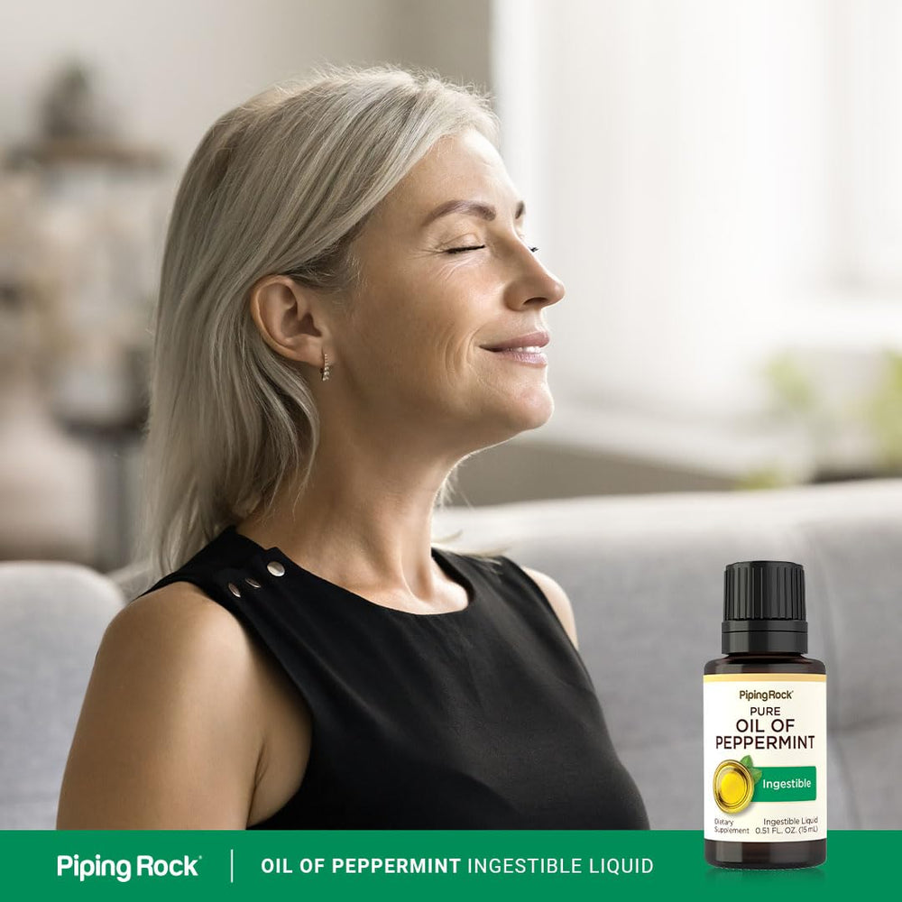 Piping Rock peppermint oil drops blending into carrier oil showing dilution for safe use