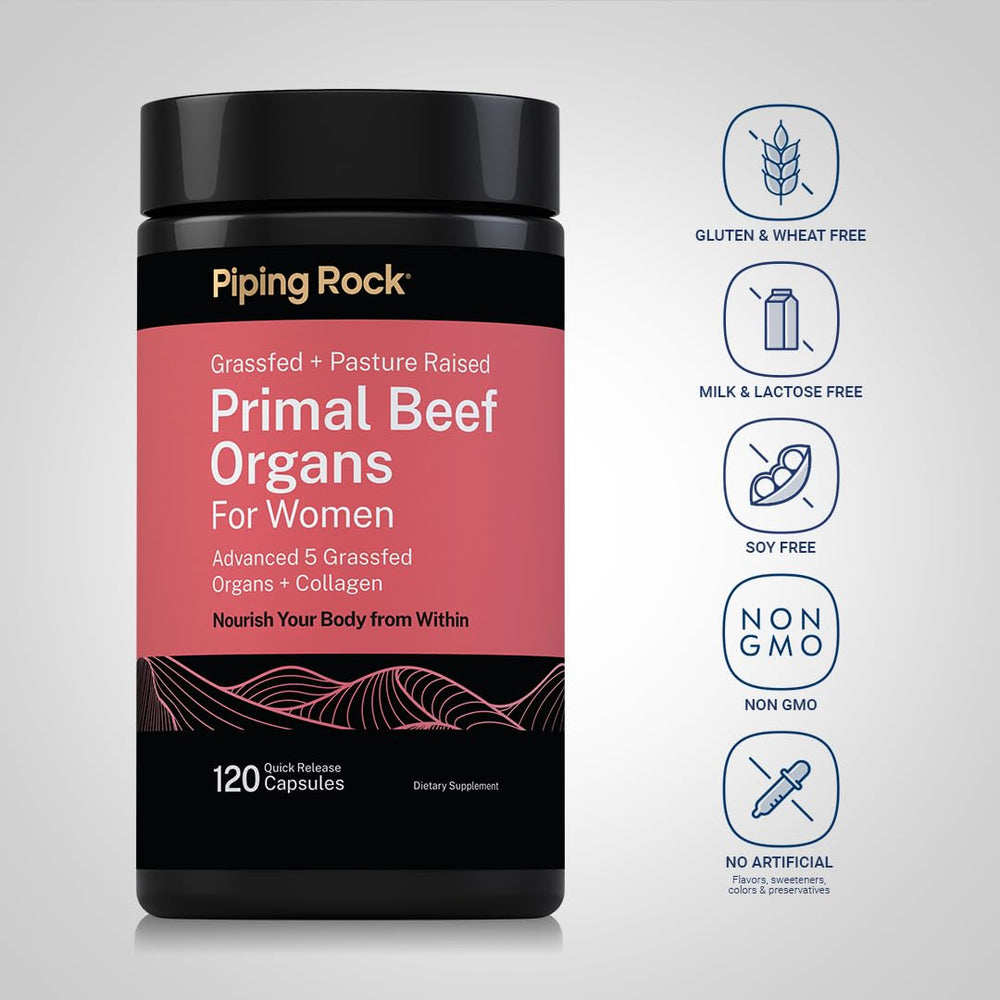 Piping Rock supplement facts label showing grassfed organs and collagen