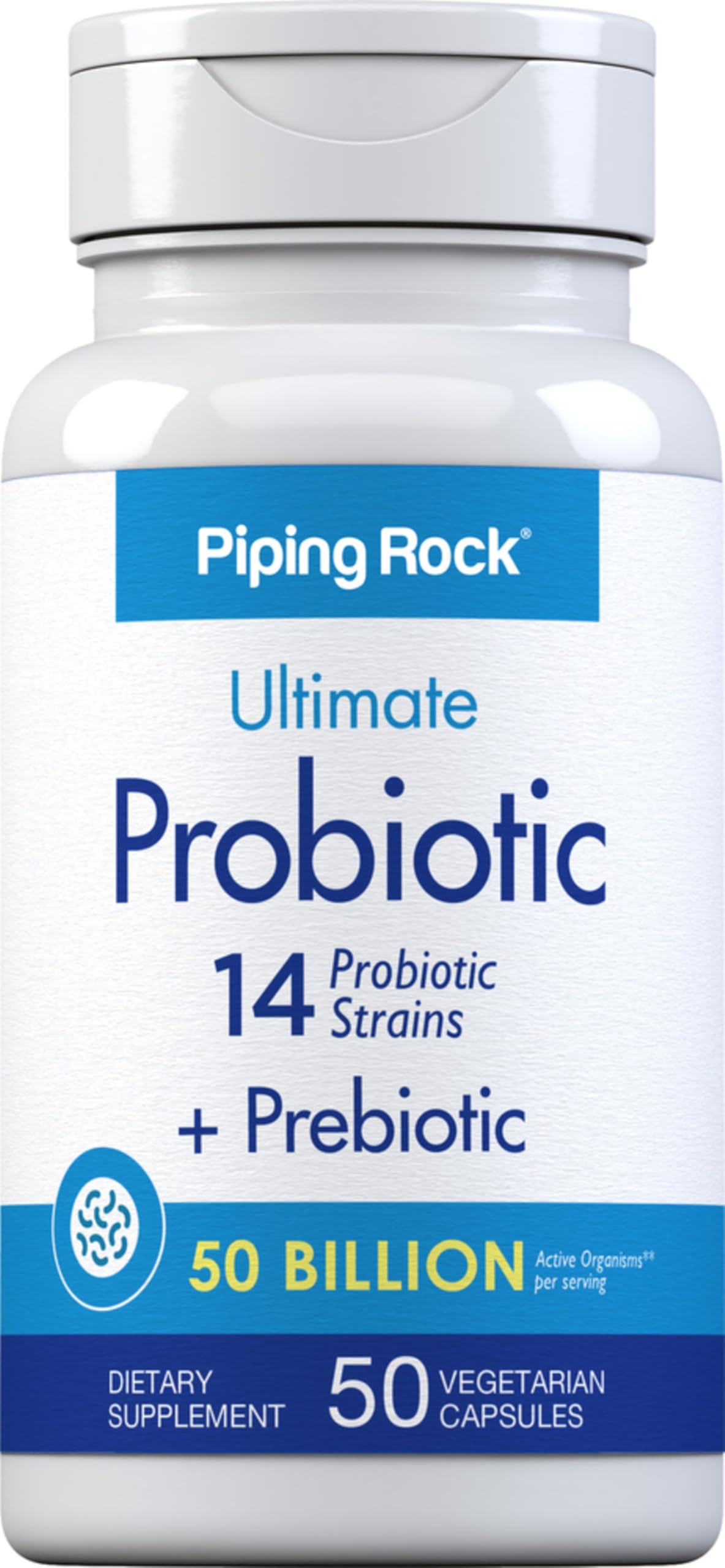 Piping Rock front label showing product name and CFU, clear benefit: easy identification