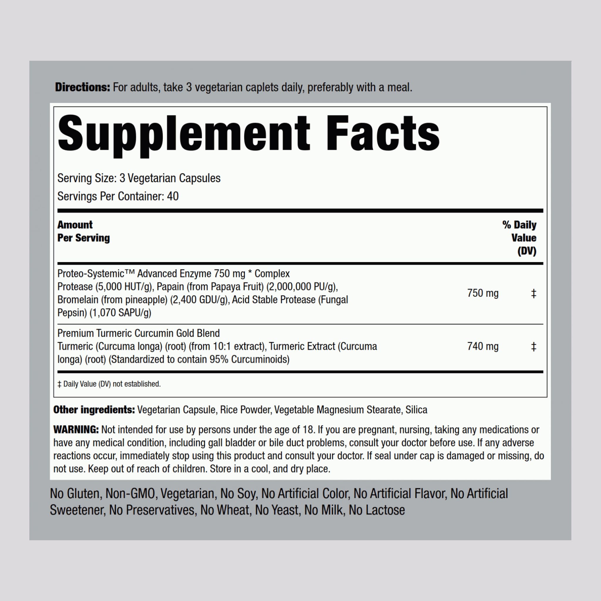 Close-up of product label highlighting vegetarian, non-GMO, gluten-free features