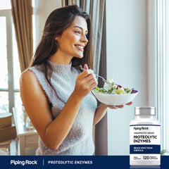 Product shot of Piping Rock proteolytic enzymes supplement branding and capsules