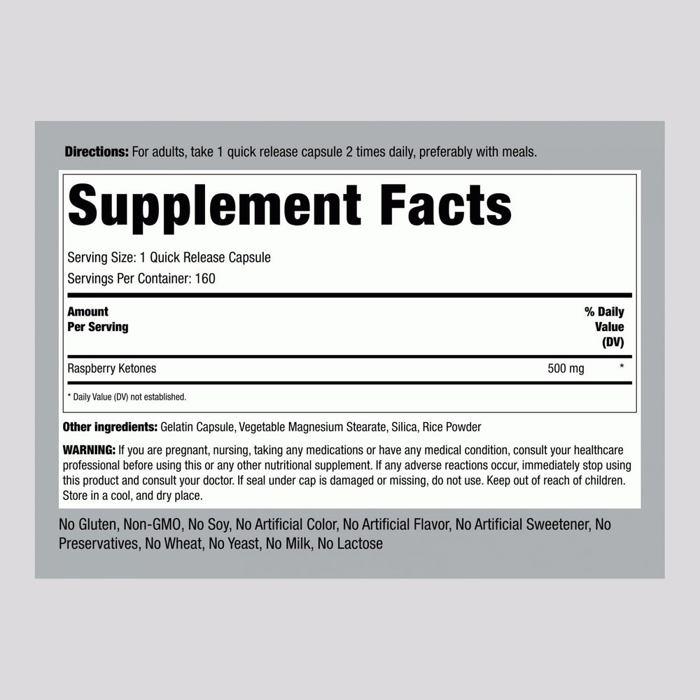 Close-up of Raspberry Ketones 500mg bottle label