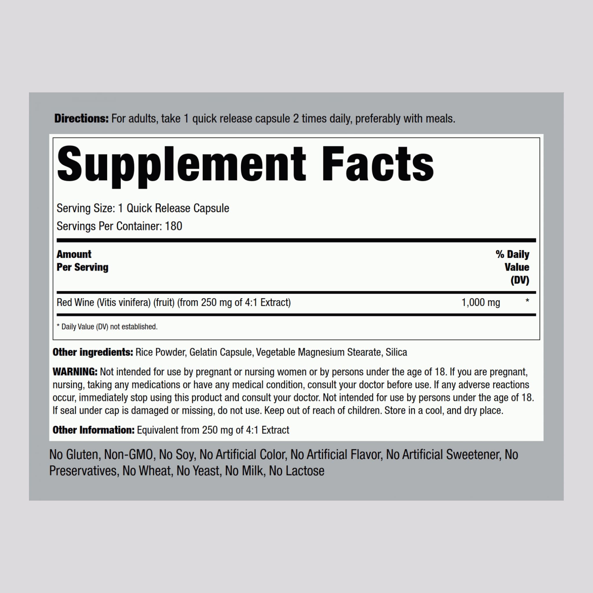 Front view of Piping Rock Red Wine Extract Capsules bottle