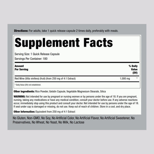 Front view of Piping Rock Red Wine Extract Capsules bottle
