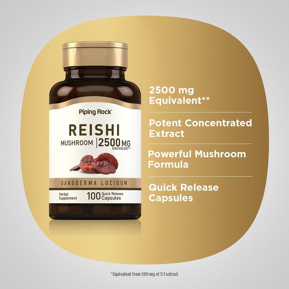 Piping Rock reishi label and supplement facts highlighting concentrated extract