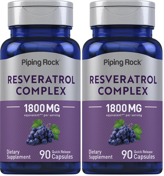 Piping Rock Resveratrol Complex 1800 mg bottle and label (angle view)