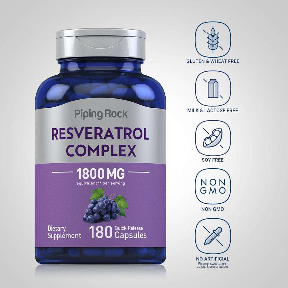 Piping Rock label detail highlighting resveratrol extract and testing benefit