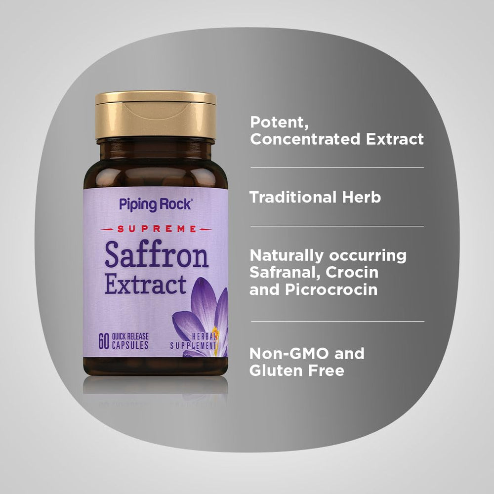 Piping Rock label close-up showing saffron extract ingredients and testing