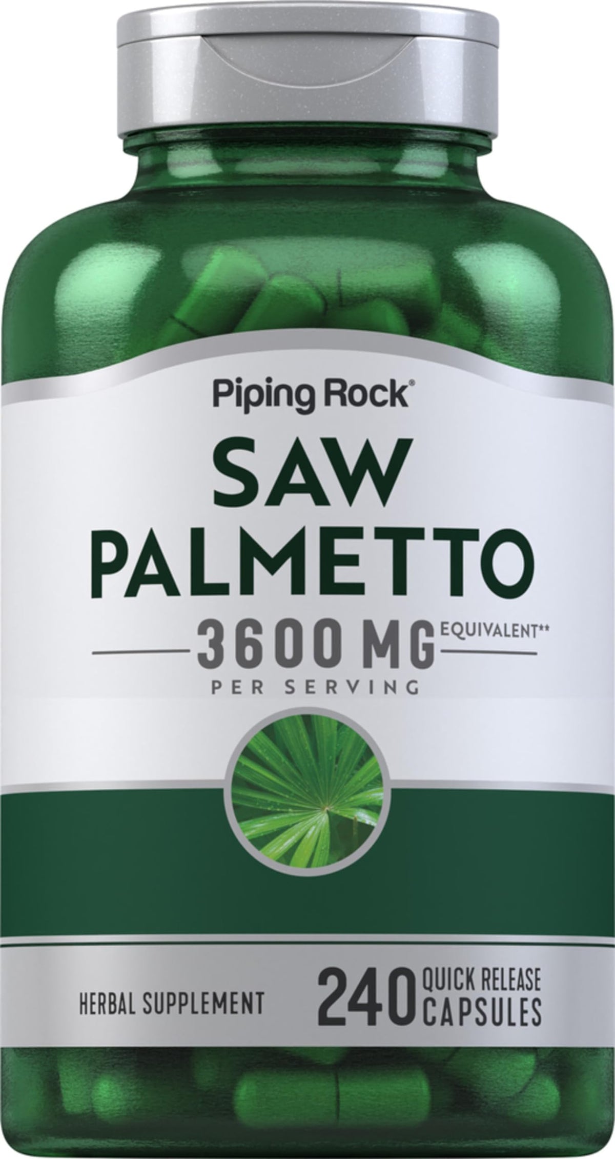 Piping Rock front bottle view showing saw palmetto label and capsule count benefit