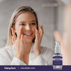 Piping Rock serum on bathroom counter in lifestyle scene showing everyday skincare convenience