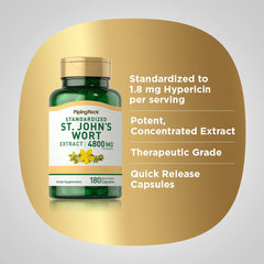 Piping Rock label detail showing standardized 1.8 mg hypericin per serving benefit