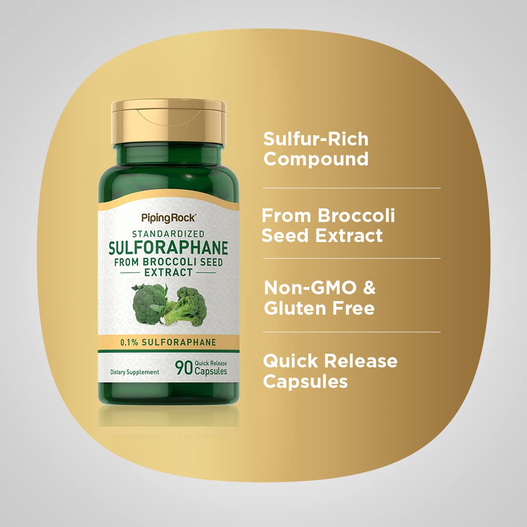 Broccoli seed extract visual with Piping Rock branding highlighting natural source benefit