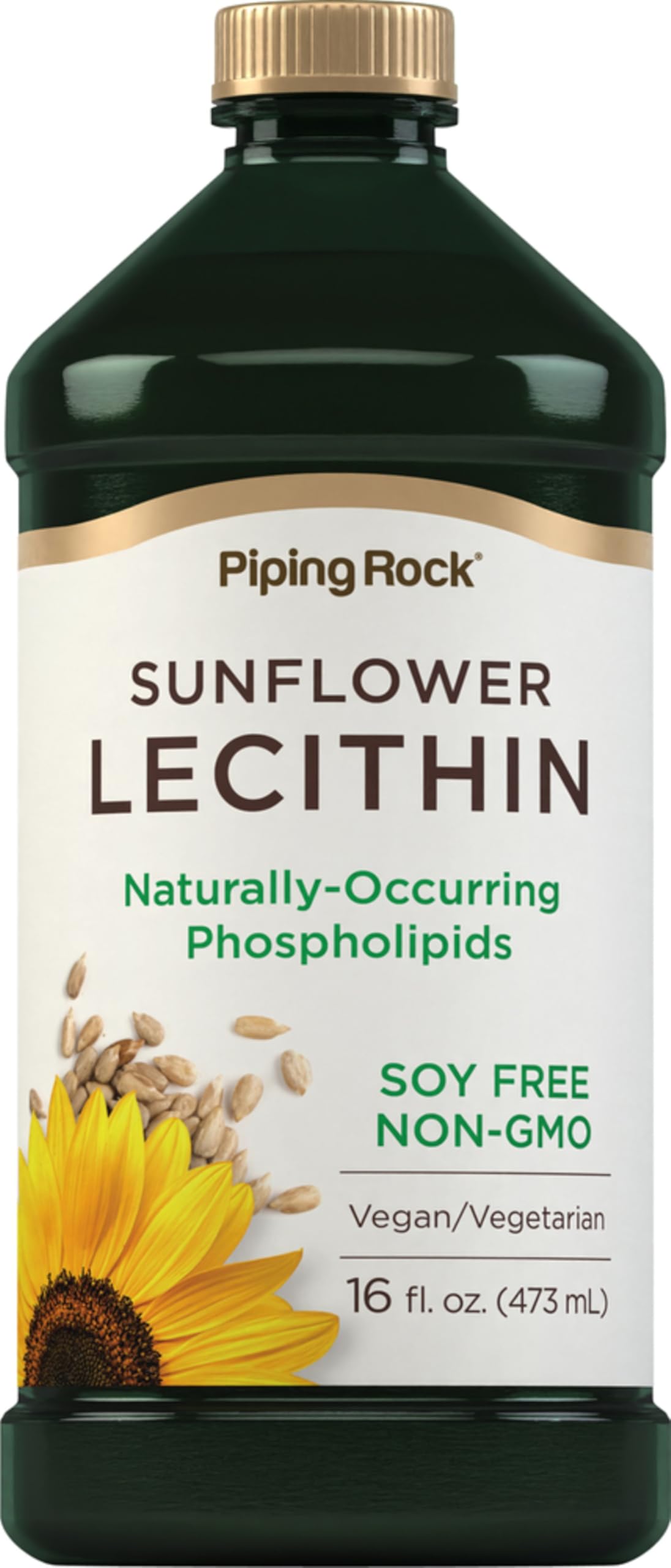 Piping Rock front bottle view showing 16 oz sunflower lecithin and clear labeling benefit