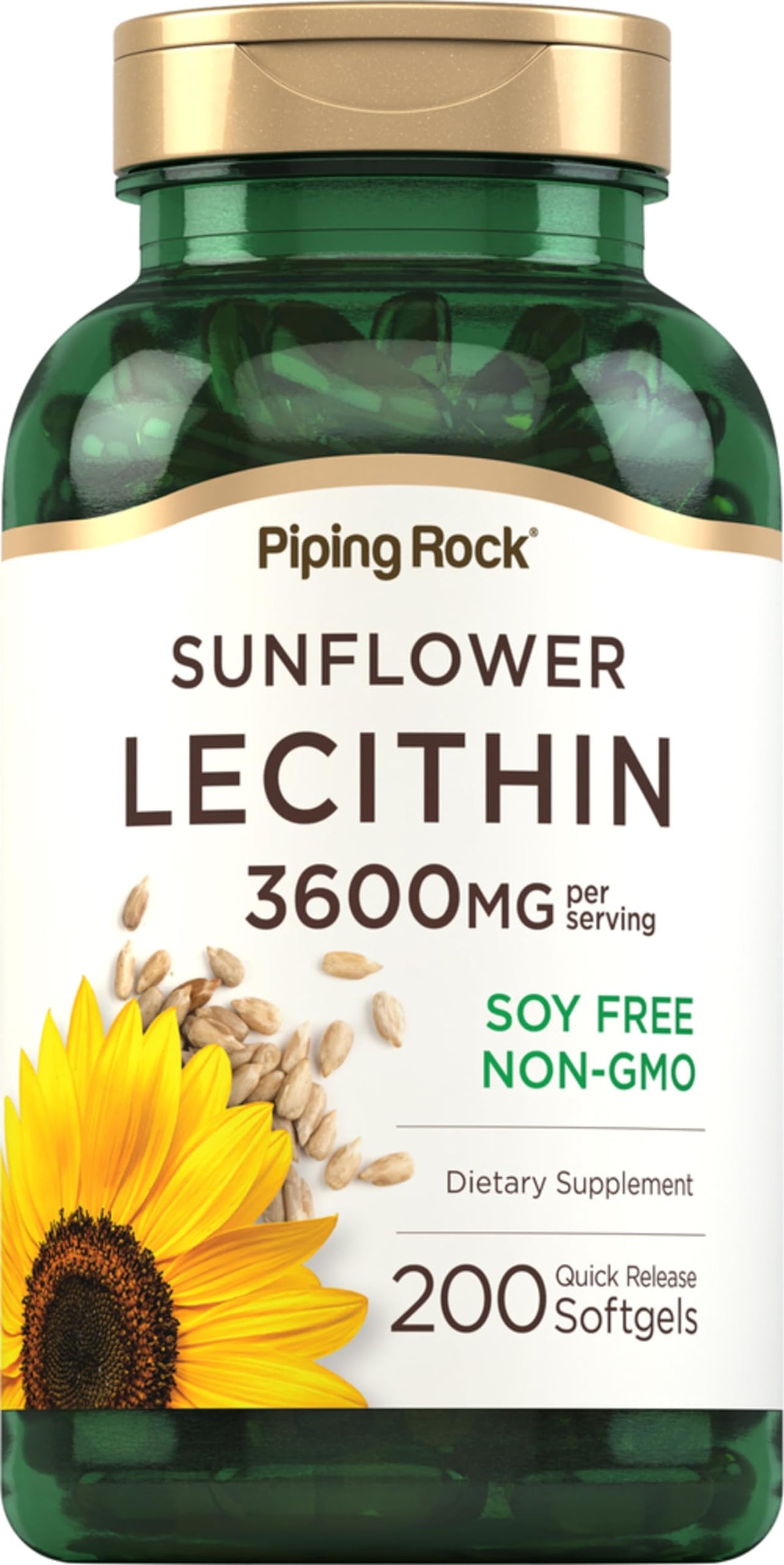 Piping Rock front packaging showing 200-count sunflower lecithin bottle and benefits