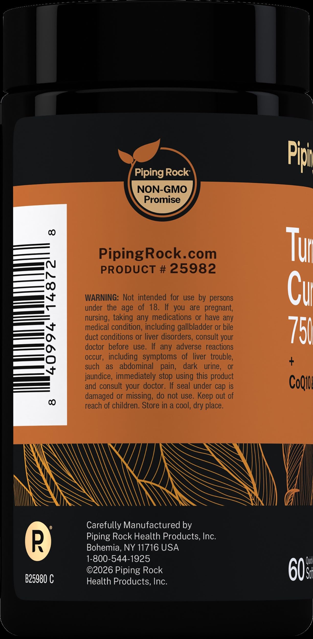 Piping Rock supplement facts panel close-up for clear ingredient transparency