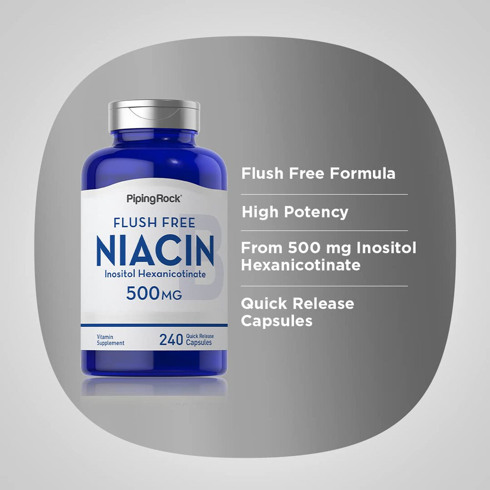 Piping Rock supplement facts label close-up confirming 500 mg inositol hexanicotinate