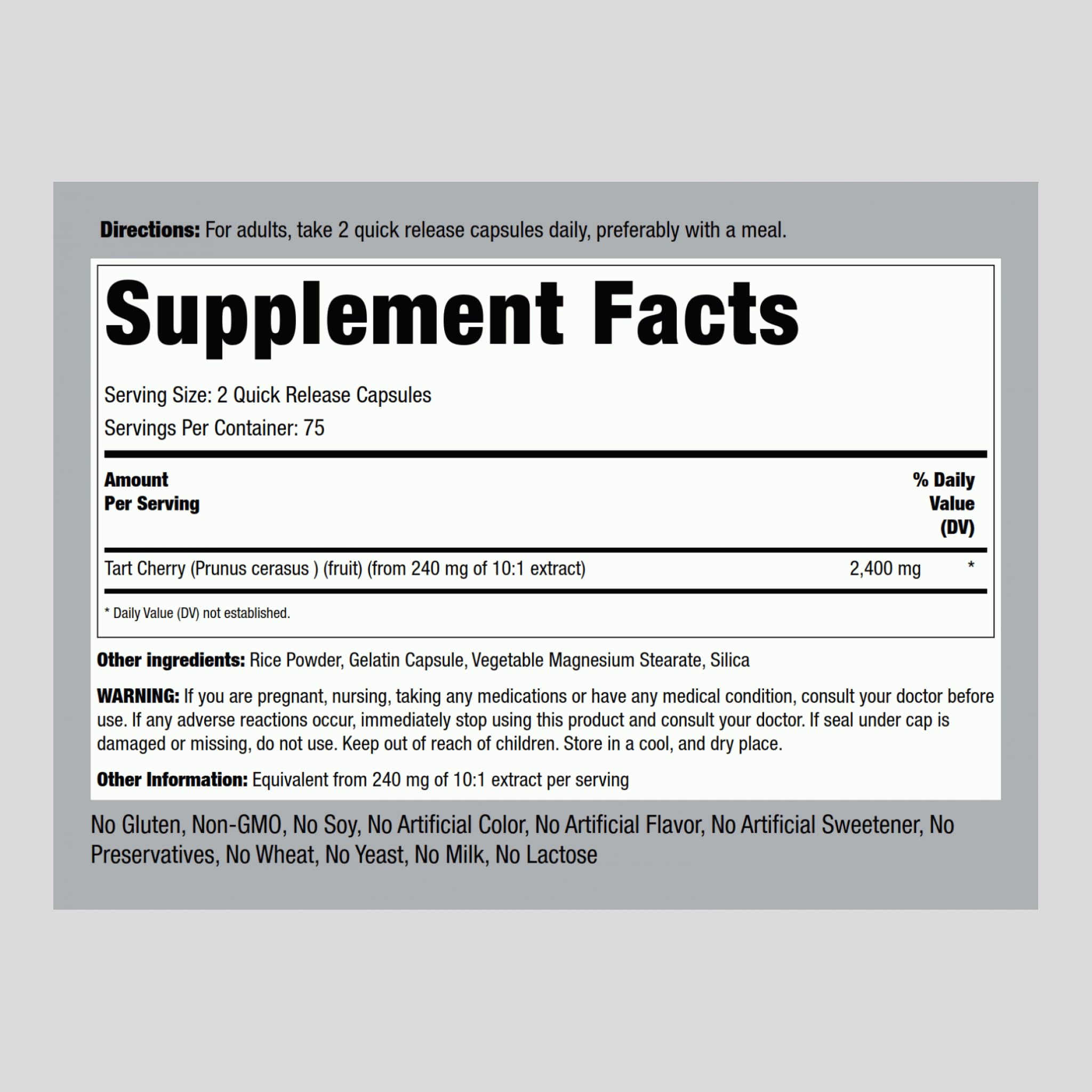 Bottle back label of Piping Rock Tart Cherry Extract 2400mg