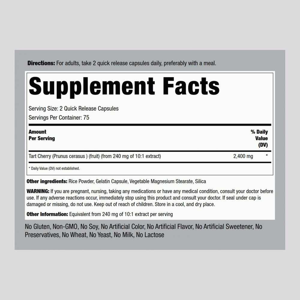 Bottle back label of Piping Rock Tart Cherry Extract 2400mg