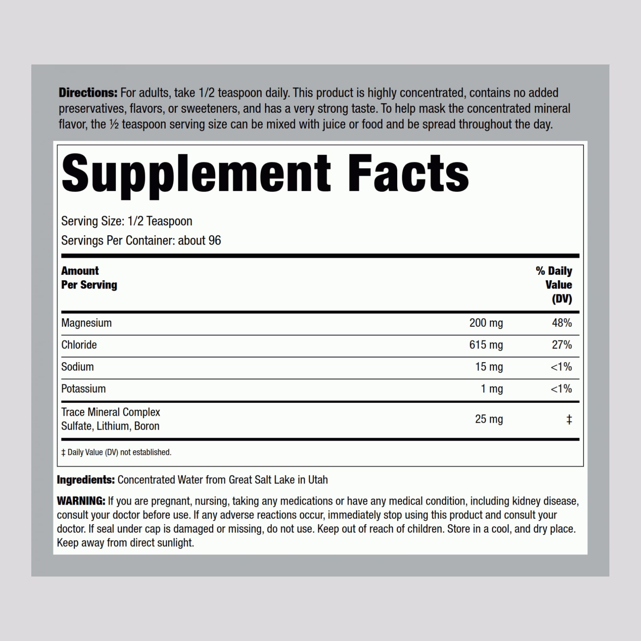 Back view of Piping Rock Trace Mineral Liquid 8 oz bottle