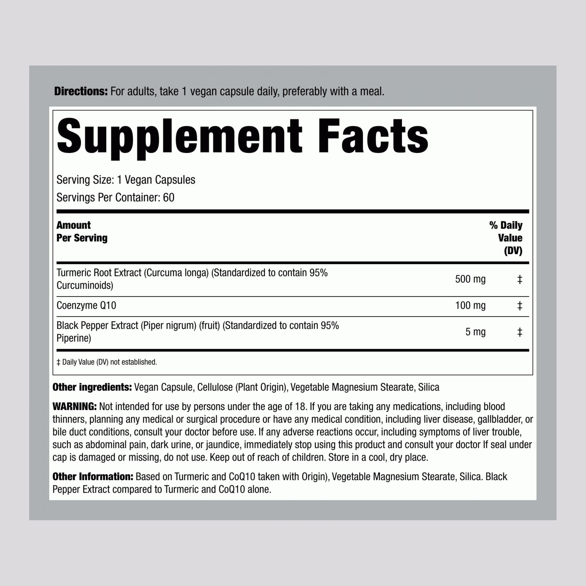 Piping Rock turmeric and CoQ10 vegan capsules close-up showing capsule texture and shape