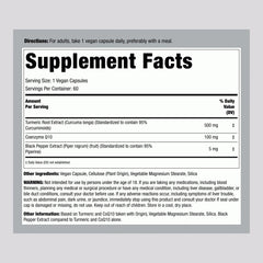 Piping Rock turmeric and CoQ10 vegan capsules close-up showing capsule texture and shape
