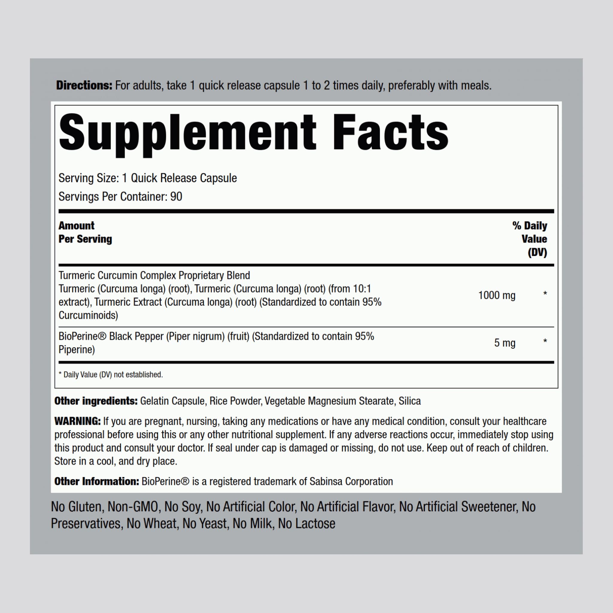 90 capsules packaging image for Piping Rock Turmeric Curcumin