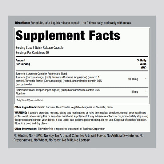 90 capsules packaging image for Piping Rock Turmeric Curcumin