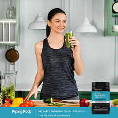 Piping Rock probiotic on kitchen counter near breakfast to suggest daily routine use