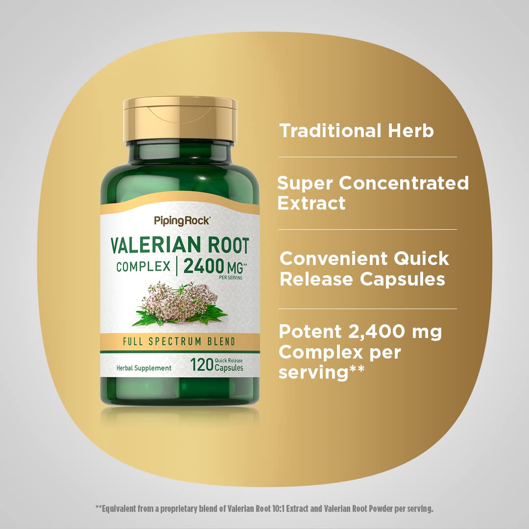 spread of multiple Piping Rock valerian capsules illustrating convenient daily supply