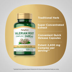 spread of multiple Piping Rock valerian capsules illustrating convenient daily supply