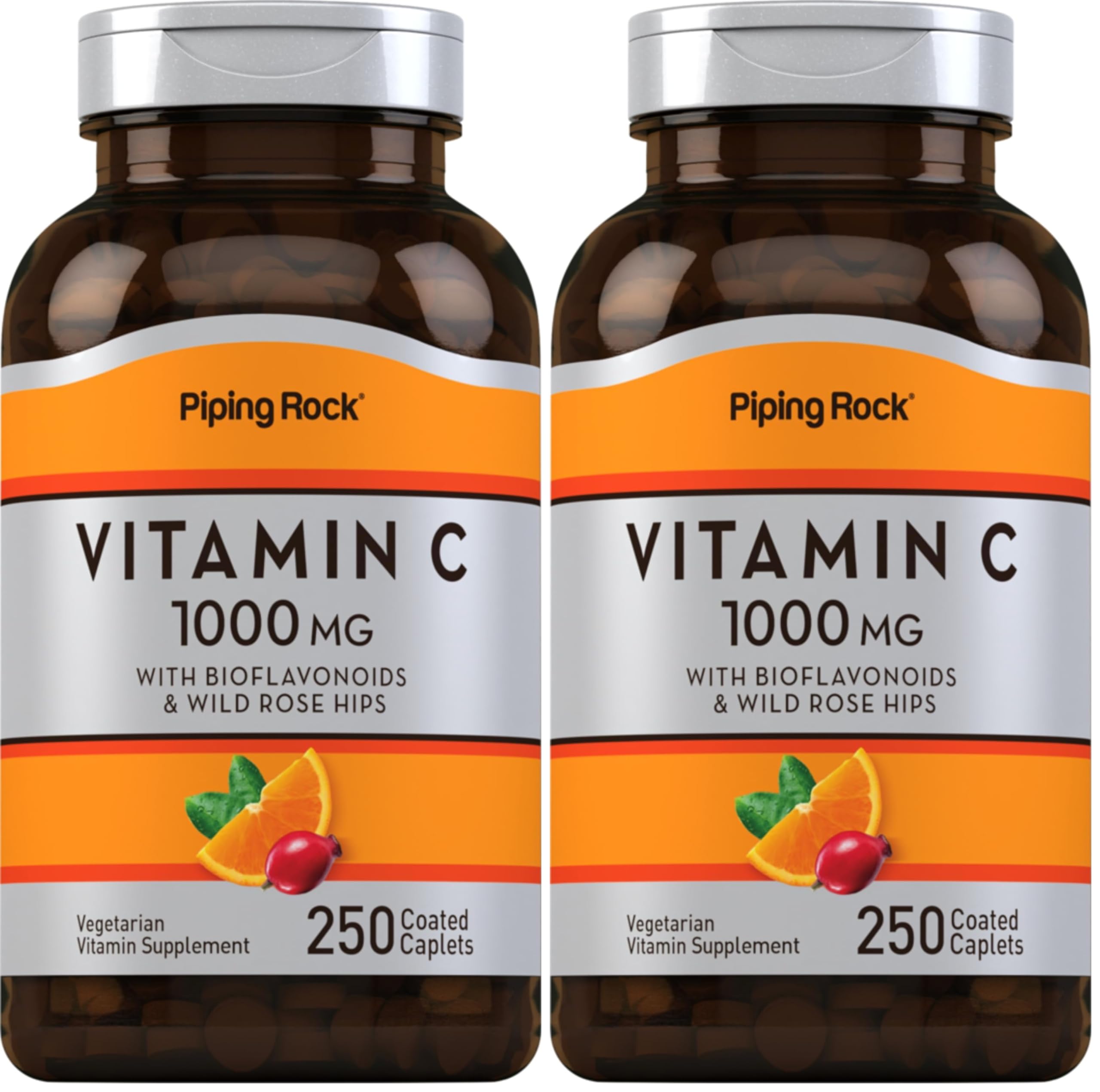 Bottle of Piping Rock Vitamin C 1000mg 250 Caplets with Bioflavonoids and Rose Hips