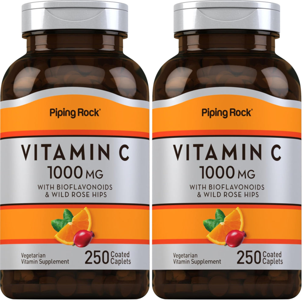 Bottle of Piping Rock Vitamin C 1000mg 250 Caplets with Bioflavonoids and Rose Hips