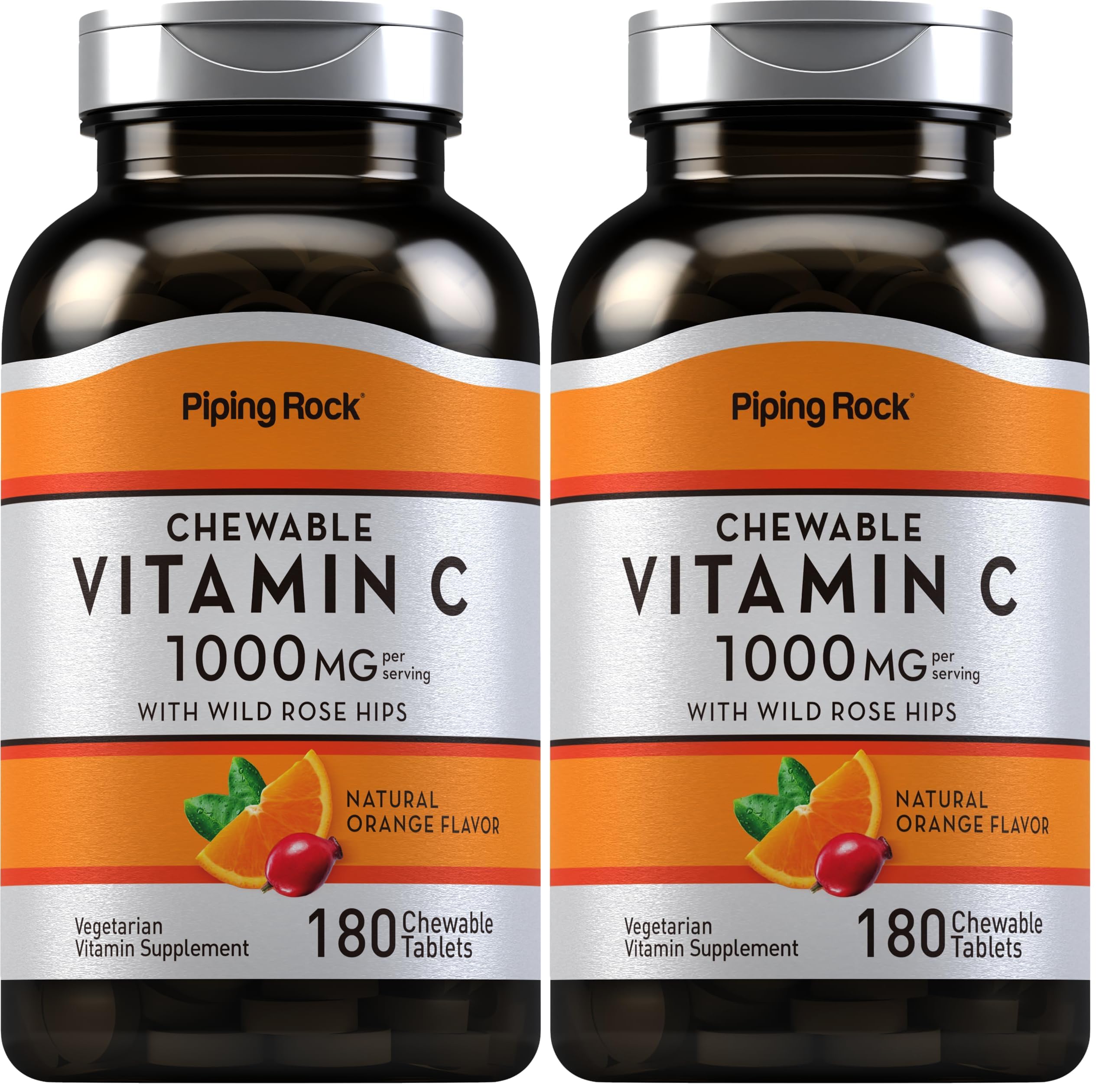 Front view of Piping Rock Vitamin C Chewable 1000mg orange-flavor bottle – Pack of 2