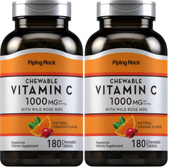 Front view of Piping Rock Vitamin C Chewable 1000mg orange-flavor bottle – Pack of 2