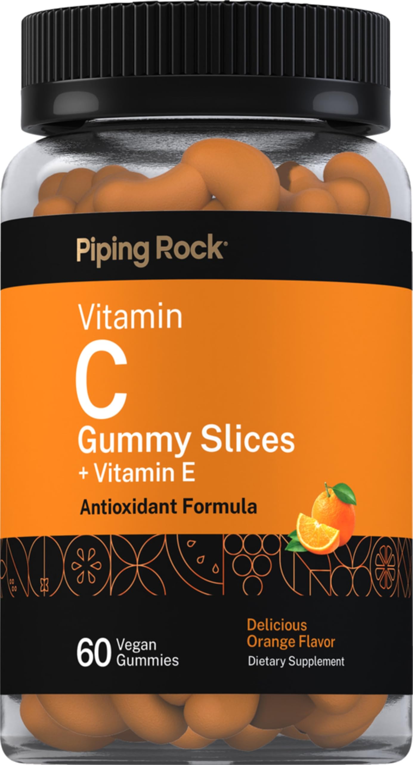Piping Rock front packaging showing 60-count jar and orange flavor benefit
