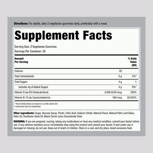 Back nutrition label on Piping Rock Vitamin D3 & B12 Gummies bottle