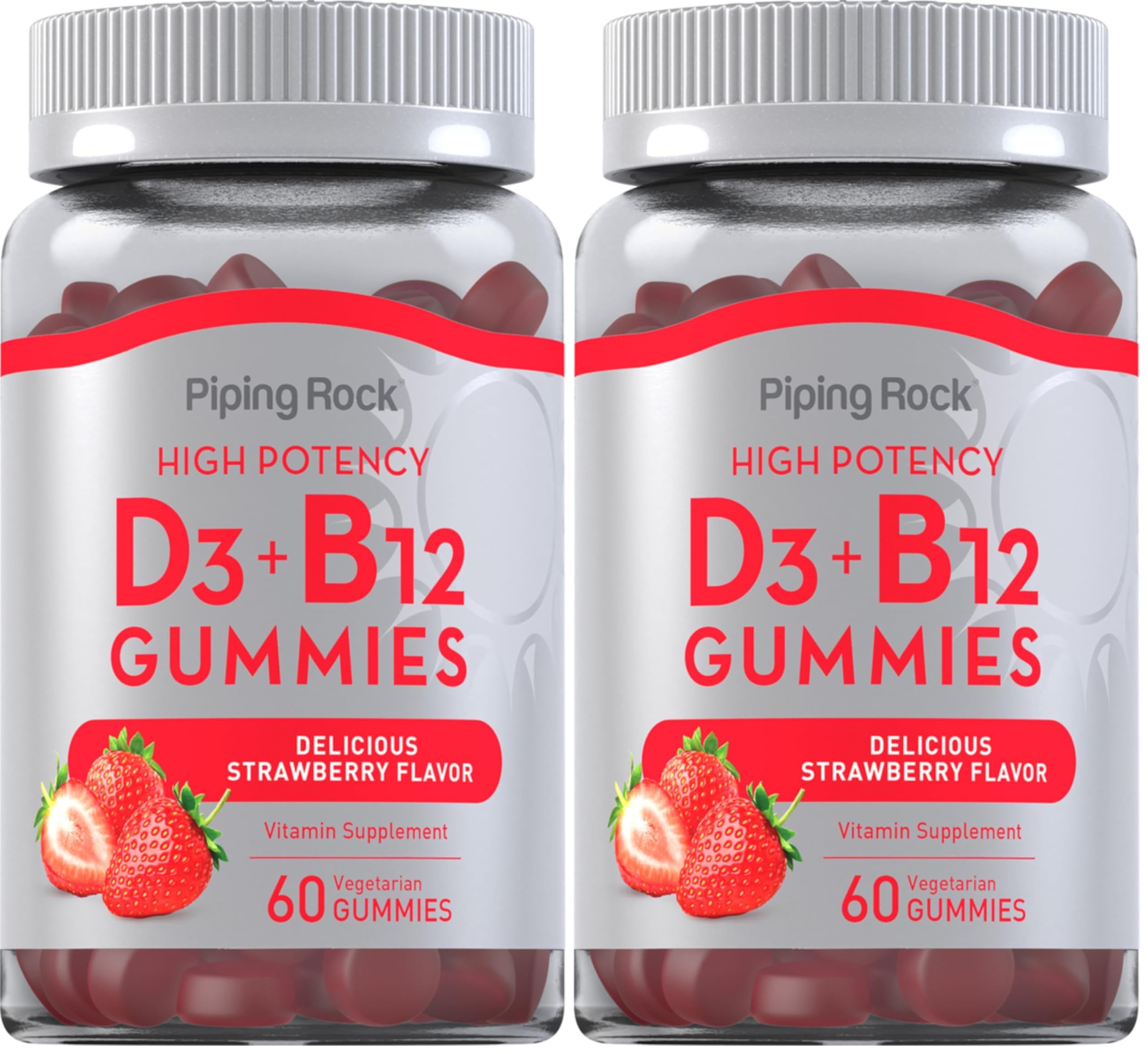 Front view of Piping Rock Vitamin D3 & B12 Gummies bottle with 60-count pack (2 packs)