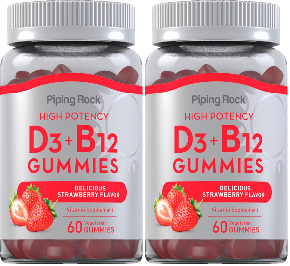 Front view of Piping Rock Vitamin D3 & B12 Gummies bottle with 60-count pack (2 packs)