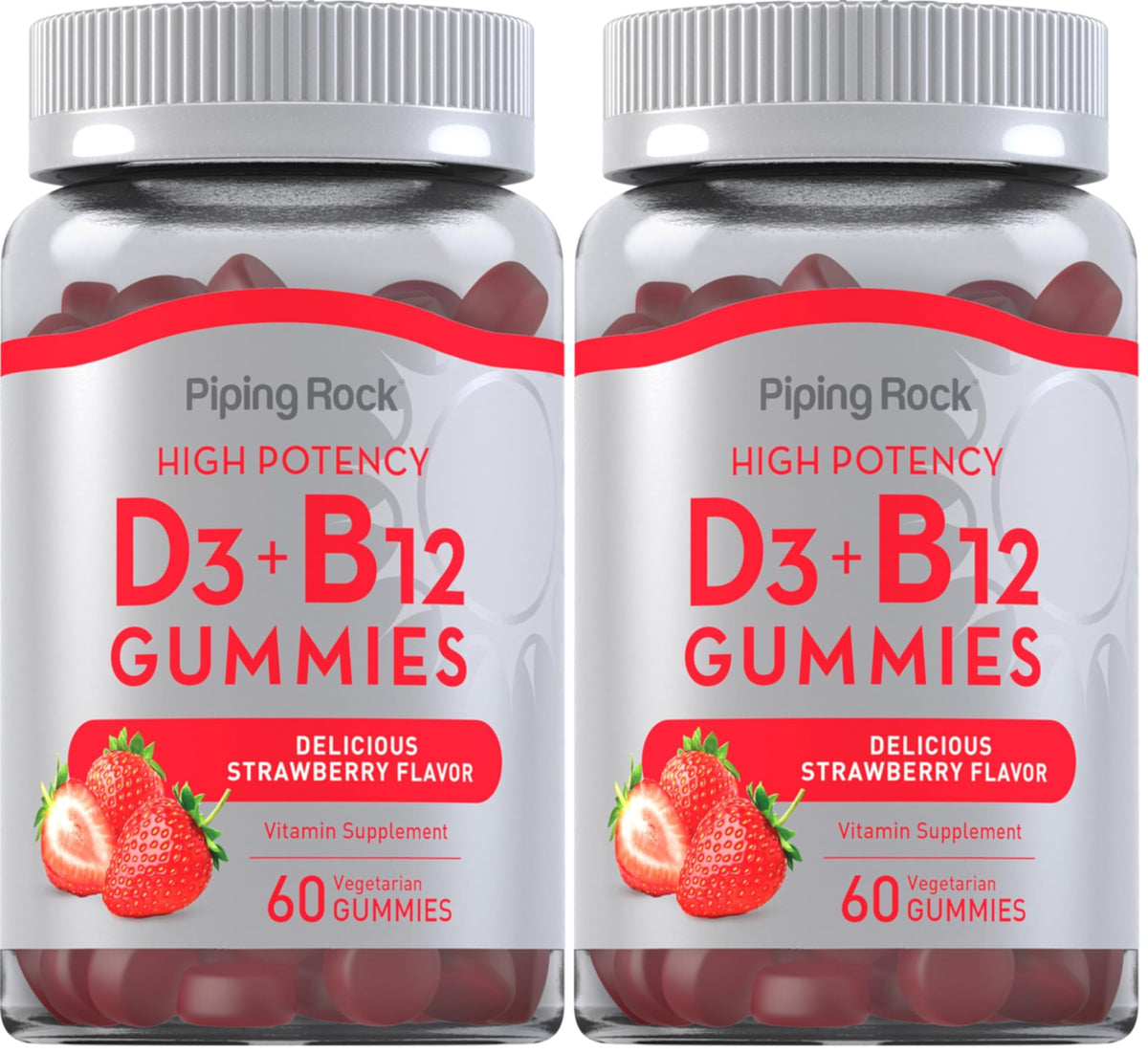 Front view of Piping Rock Vitamin D3 & B12 Gummies bottle with 60-count pack (2 packs)