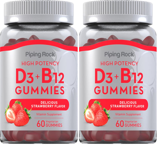 Front view of Piping Rock Vitamin D3 & B12 Gummies bottle with 60-count pack (2 packs)
