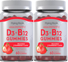 Front view of Piping Rock Vitamin D3 & B12 Gummies bottle with 60-count pack (2 packs)